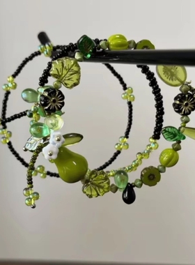 森系复古串珠串青梨与春芽！绿色串珠自然植物系列青梨手链小众耳