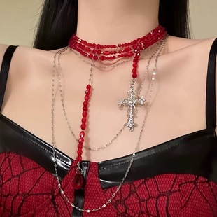 重工哥特风多层叠戴红色水晶十字架项链配饰女颈链chocker锁骨链