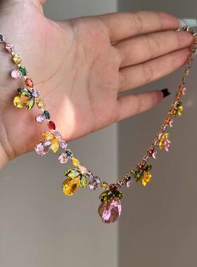 【繁花似锦】春日花朵浮夸彩色项链超重工中古设计感超闪项链宴会