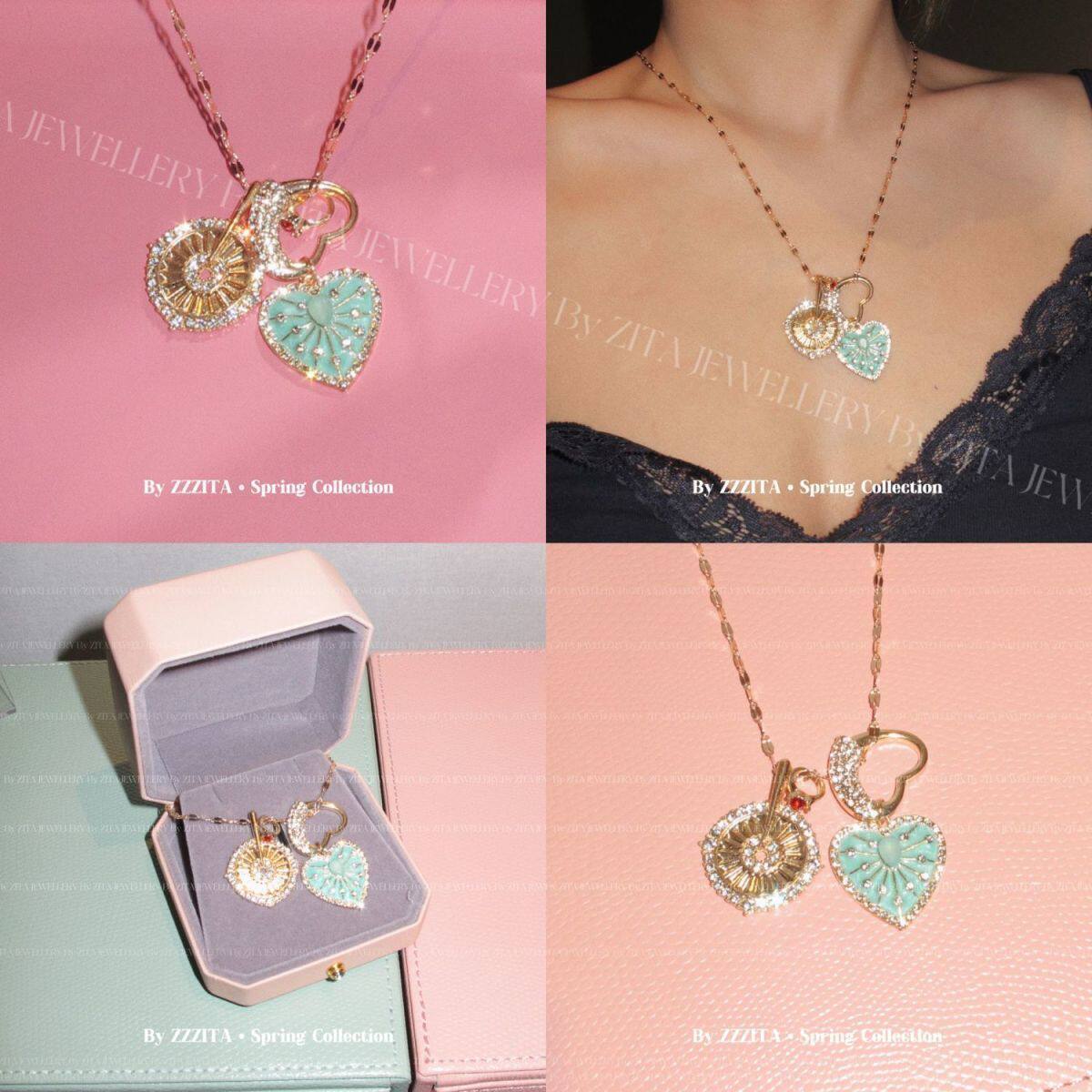 中古薄荷绿太阳花爱心吊坠项链小众独特设计感精致轻奢高级锁骨链