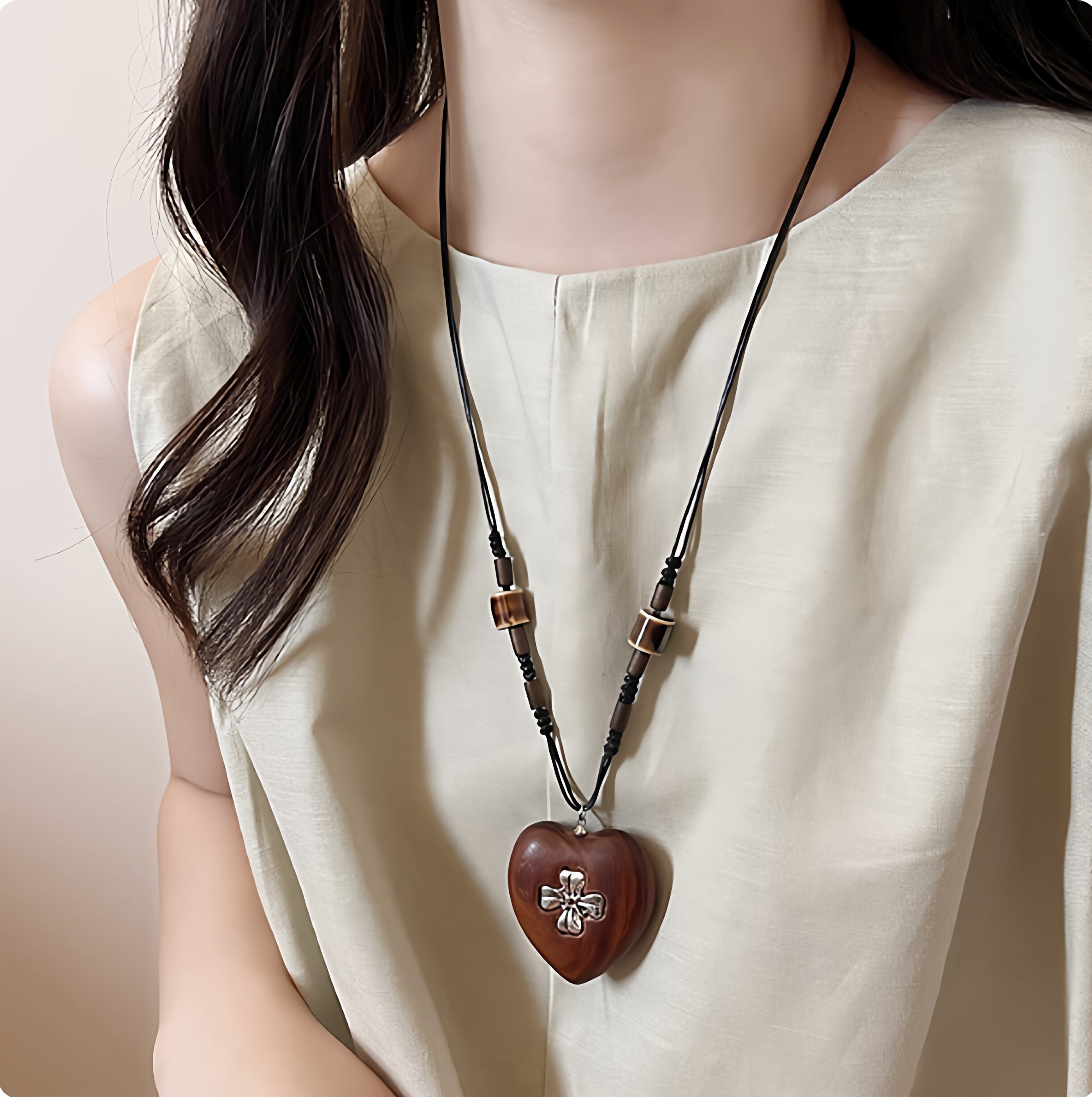 复古民族风木质爱心吊坠项链高级感小众新中式长款颈链百搭配饰女