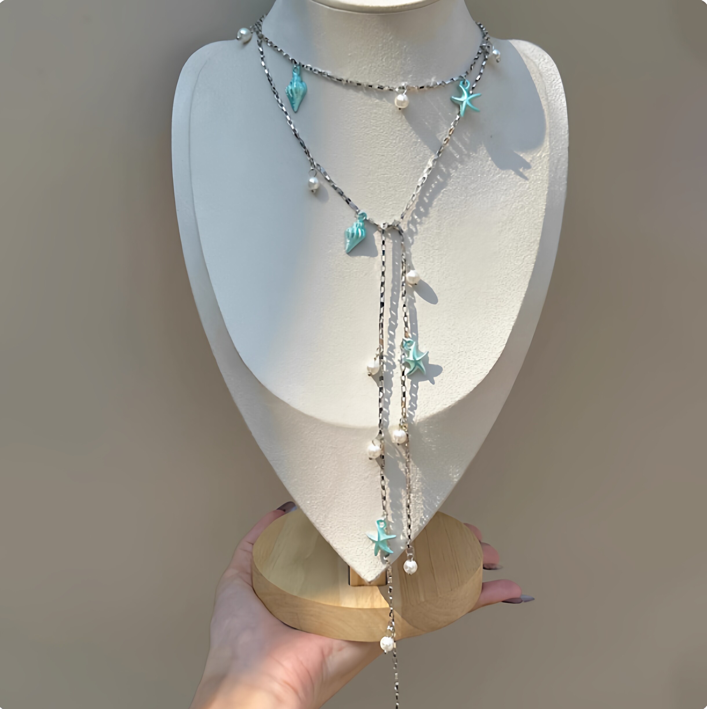 精致海星海螺珍珠流苏项链蓝色甜美夏日海边度假风长款叠戴锁骨链