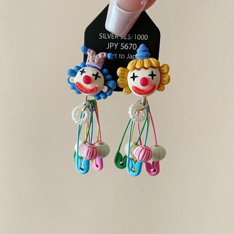 多巴胺马戏团小丑别针耳钉女甜酷高级个性卡通搞怪糖果色流苏耳饰
