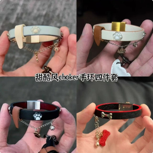 小猫爪手环链条流苏小锁皮质手链高级感轻奢甜酷辣妹锁骨链项圈女