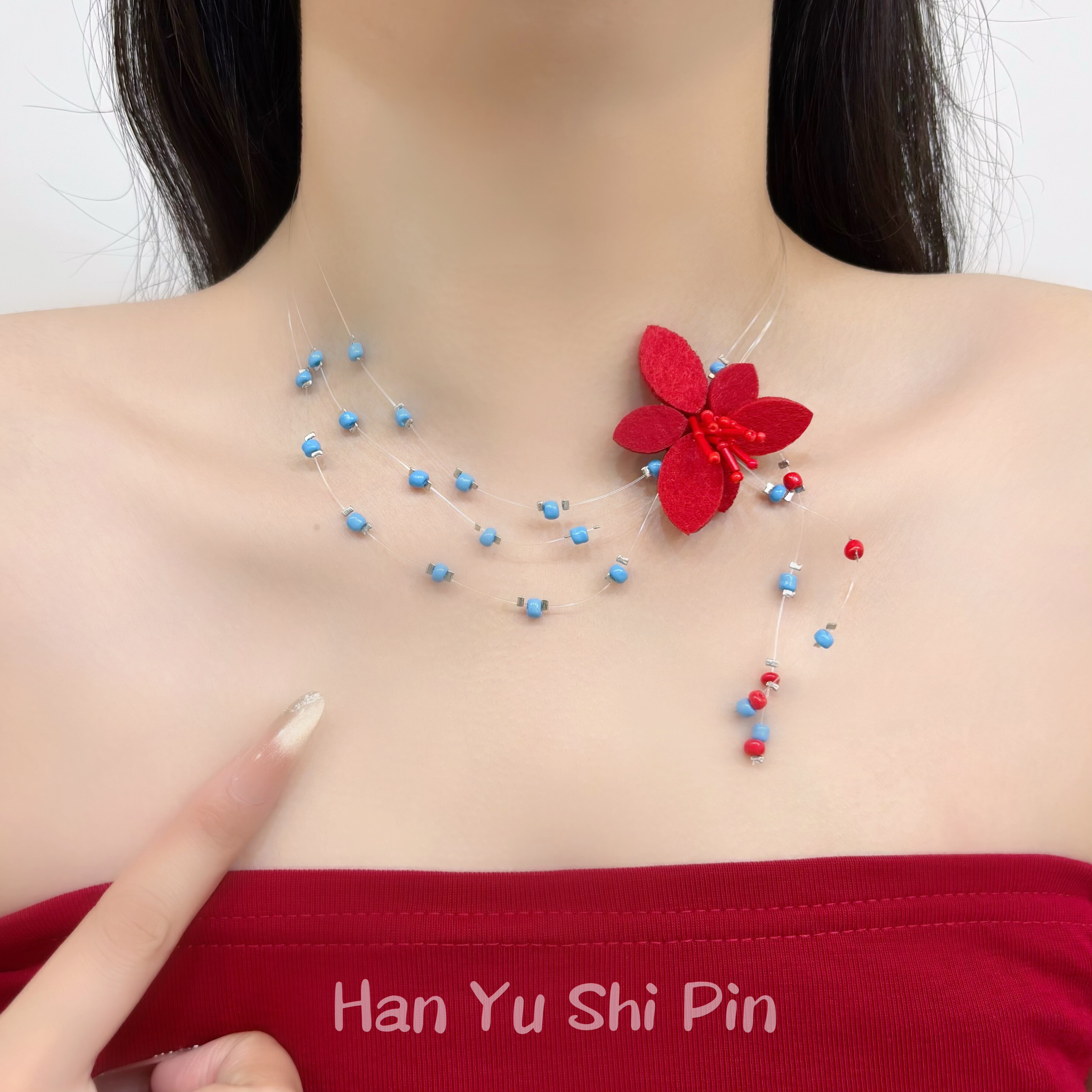 妩媚少女 夏天蓝色串珠花朵项链女设计小众锁骨链choker颈链配饰