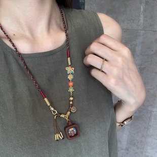 新款原创新中式藏式民族风吊坠绳扎基拉姆唐卡女脖挂黄财神挂绳