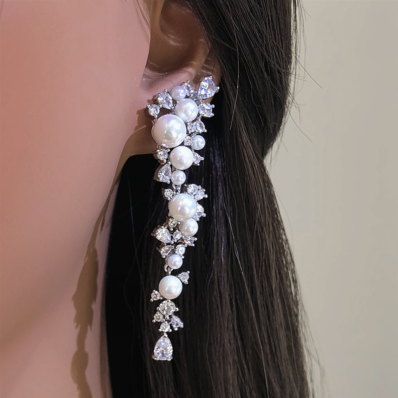 重工满钻满天星优雅珍珠耳环设计师款气质中长款耳饰s925银针耳坠