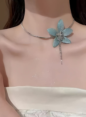 夏日蓝色细闪渐变花朵流苏吊坠项链氛围感气质高级复古锁骨链颈链