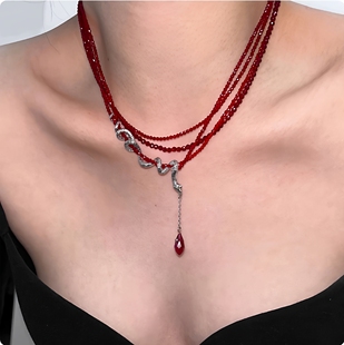 暗黑氛围感红色水晶串珠蛇形项链叠戴小蛇颈链水滴chocke锁骨链女