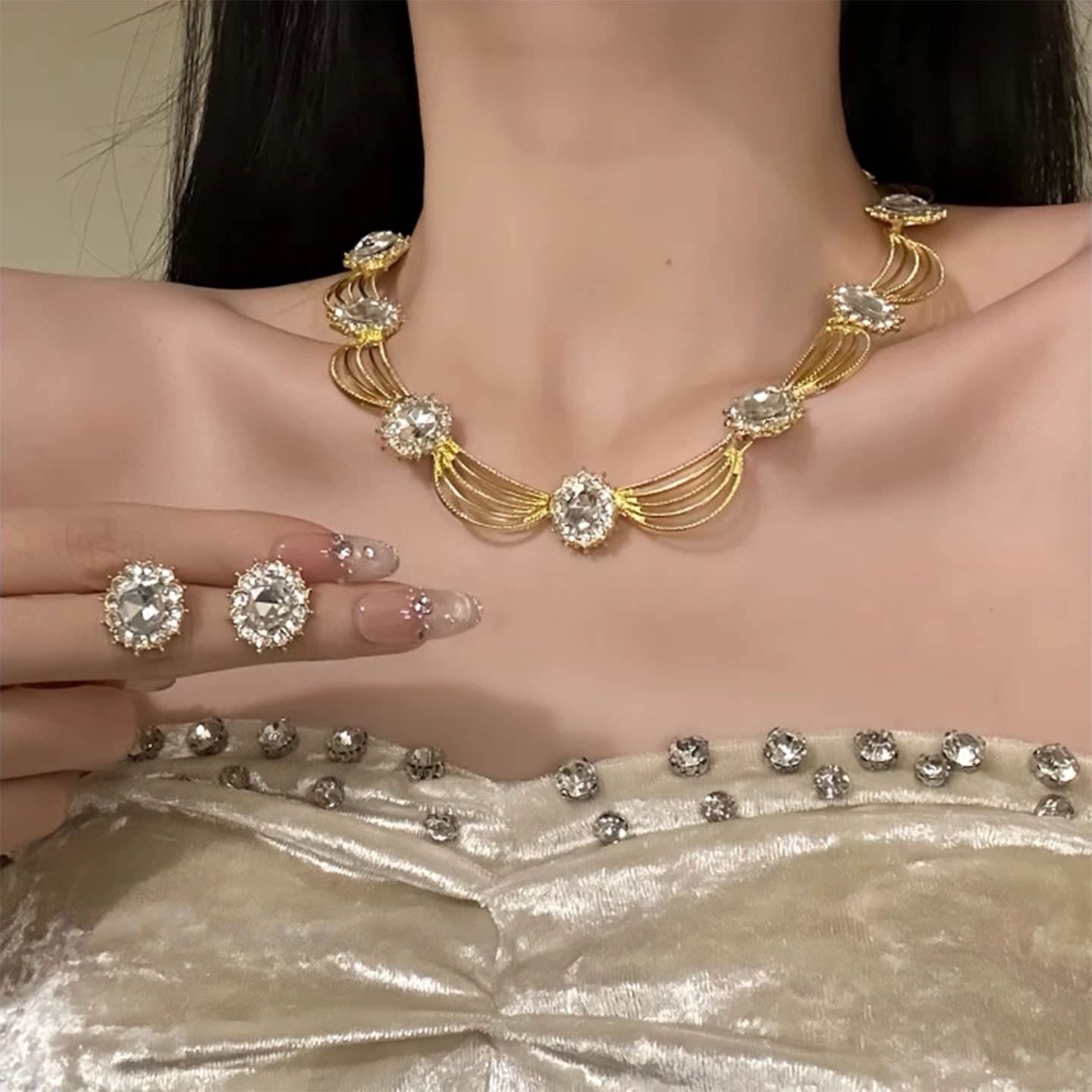 复古宫廷金色水晶礼服锁骨链