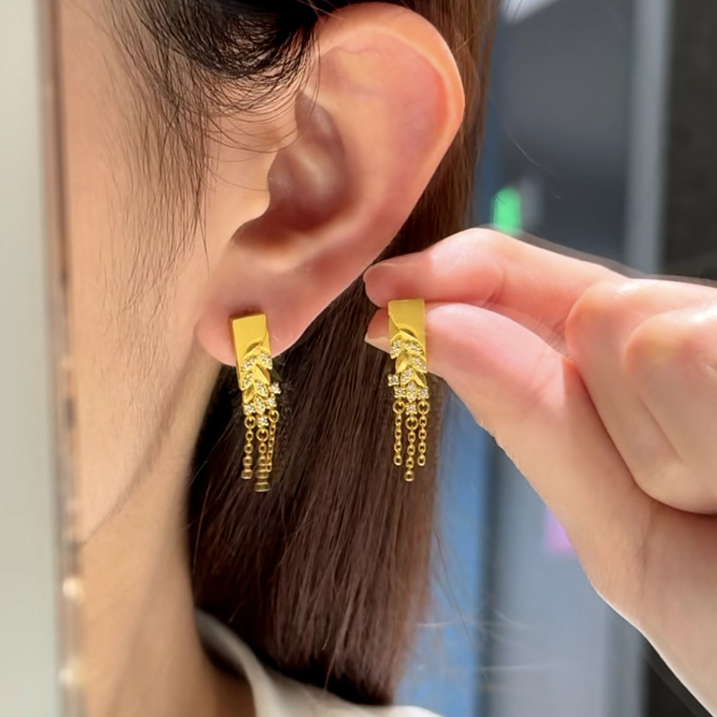 金色麦穗落叶流苏皓石耳钉