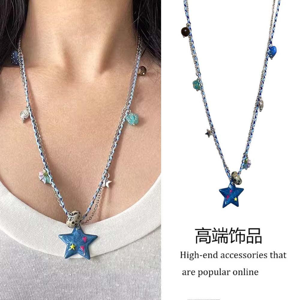 时尚甜酷双层叠戴蓝色星星项链女轻奢高级感海滩度假锁骨链毛衣链