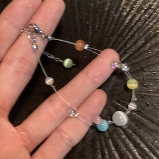 韩国ins森系猫眼石彩色串珠手链女小清新极简小众设计感手饰简约