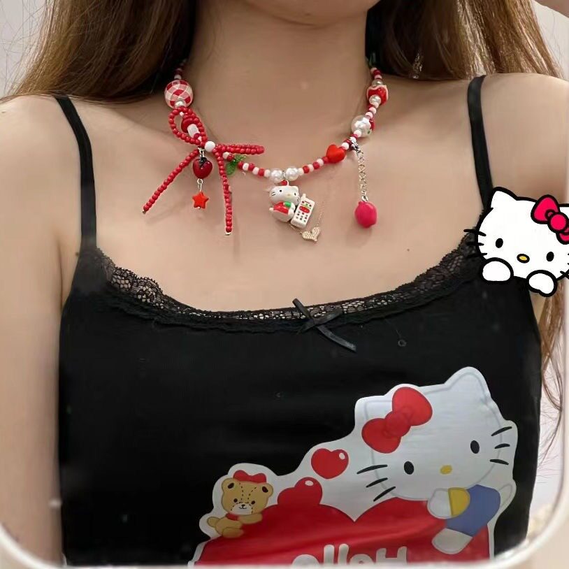 夏日多巴胺甜美可爱串珠HelloKitty项链女小众流苏彩色蝴蝶结红色