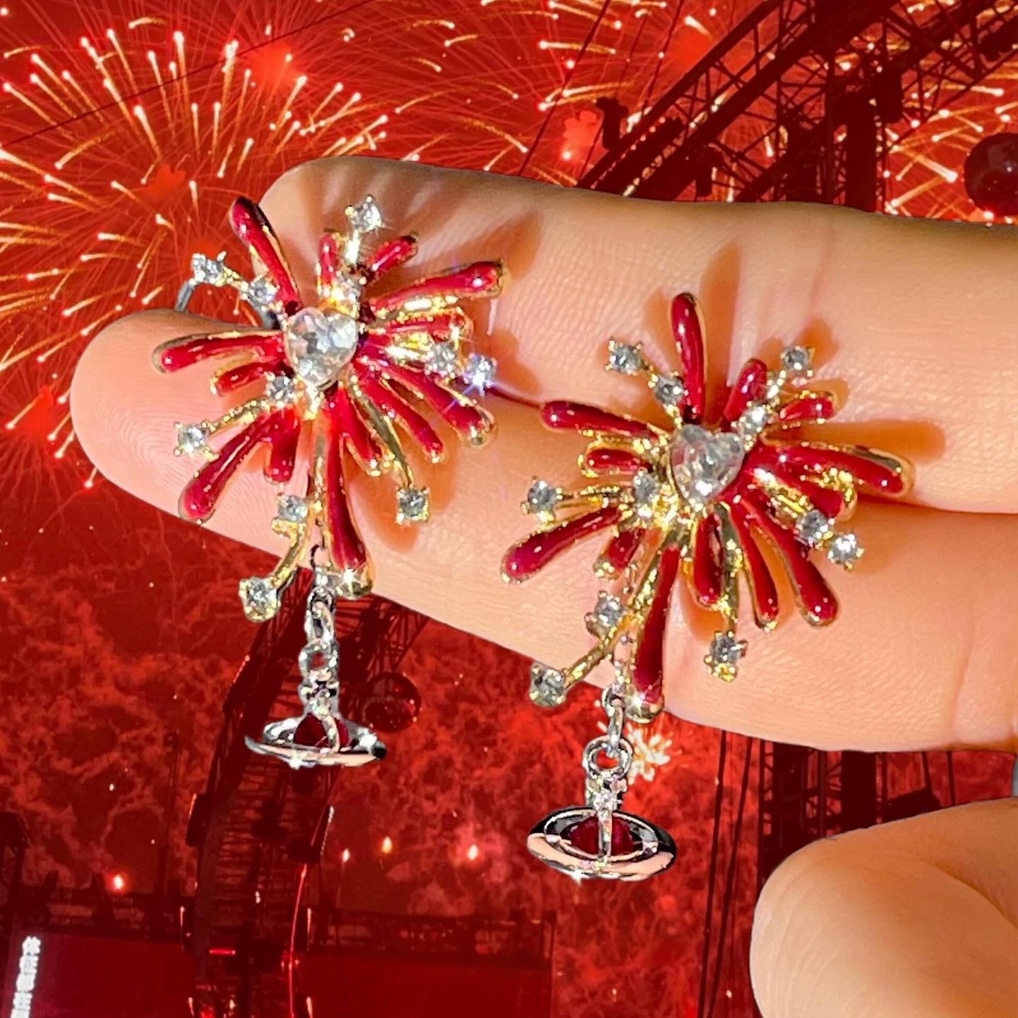爆闪酒红色烟花星球吊坠耳钉女2026本命年耳环小众高级感新年耳饰