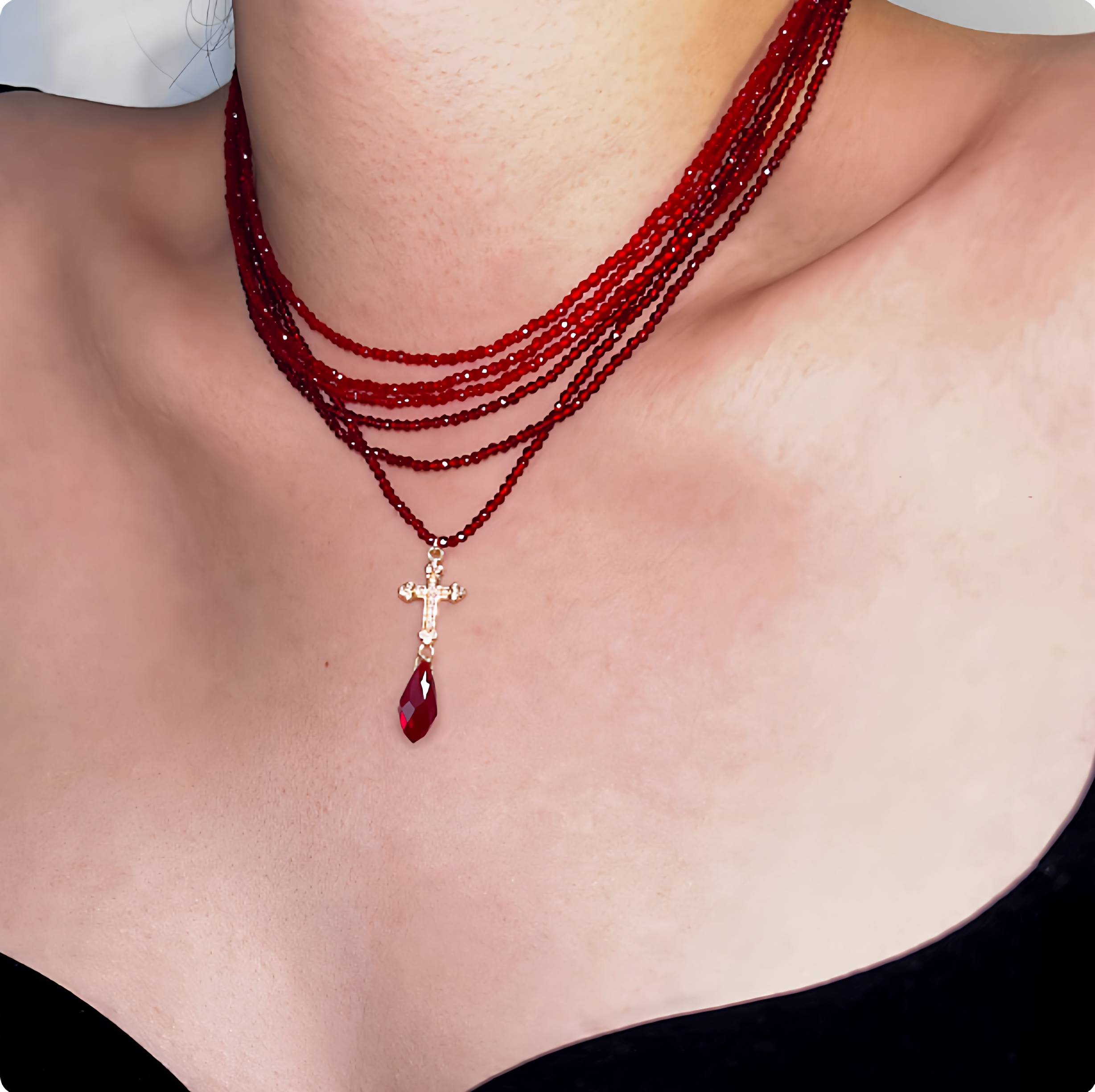 暗黑风多层红色串珠项链女蛇形缠绕水滴吊坠潮酷辣妹chocke锁骨链
