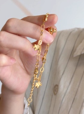 新中式独角兽星星吊坠手链女复古精致回形针链条金色手饰生日礼物