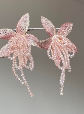 度假风粉色花朵水晶串珠耳环温柔甜美夸张小众设计流苏拍照耳饰女