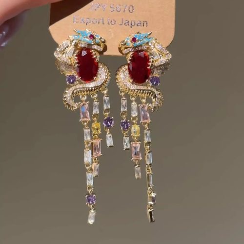 奢华原创设计彩钻流苏盘龙耳钉宫廷风高颜值新年招财气质耳饰耳环