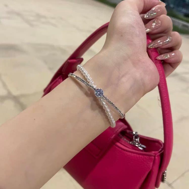 银色锆石珍珠手镯子女款素圈手镯手链轻奢小众精致手环手饰品新款