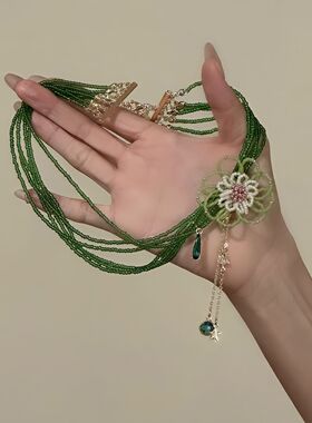 森系甜美绿色编织花朵串珠项链超仙氛围感春夏小清新颈链choker女