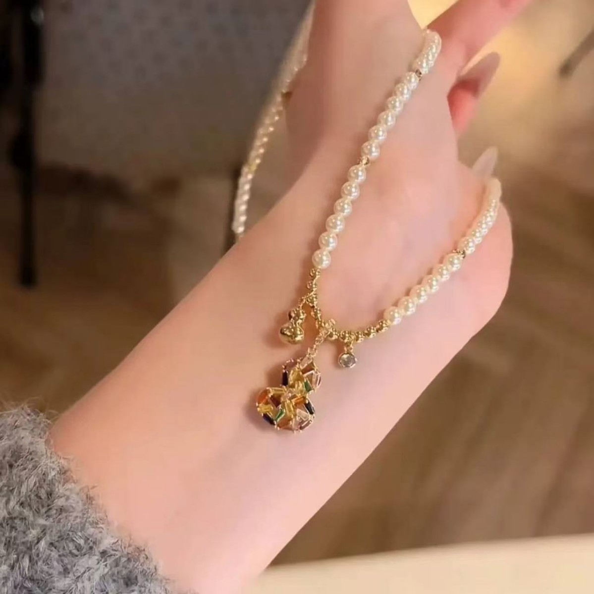 复古彩色碎冰冰葫芦珍珠项链女新中式时尚毛衣链个性轻奢百搭颈链