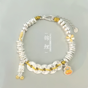 新中式锦鲤盘缠银色手链女五帝钱串子葫芦仿碎银黄色编绳礼物手饰