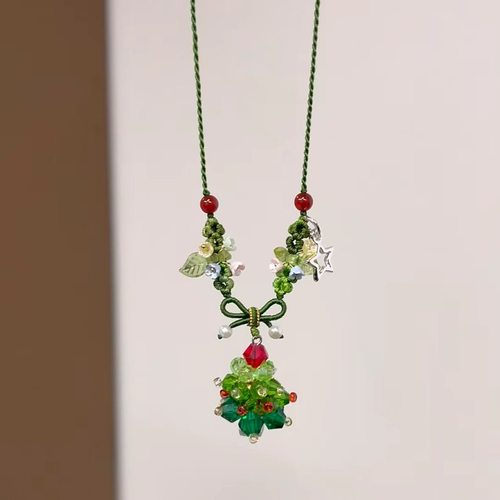 圣诞限定~diy自制圣诞树吊坠绿色编绳项链女秋冬毛衣链送朋友新款