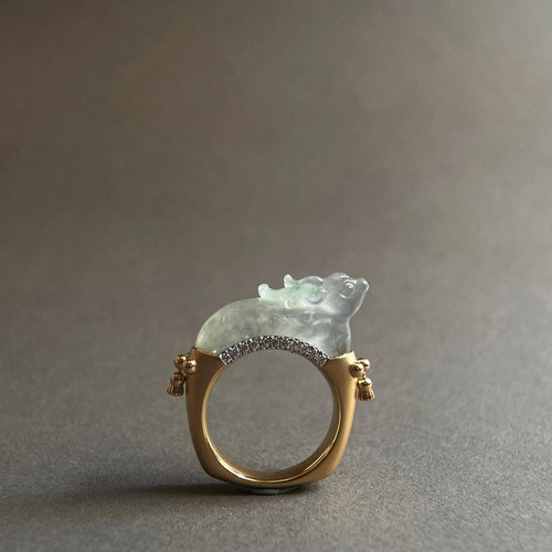 复古文玩戒指仿玉髓国潮风食指环小众设计高级新中式麒麟瑞兽戒指