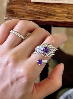 高级定制系列！轻奢风羽翼银色双开口紫色锆石戒指女高级感食指戒