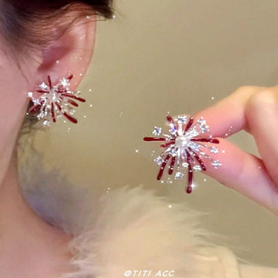 复古超闪酒红色烟花耳钉女本命年新年氛围感耳环独特气质秋冬耳饰