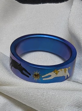 vintager中古【双猫摘星】宽面炫彩蓝戒指星芒食指戒小众设计感