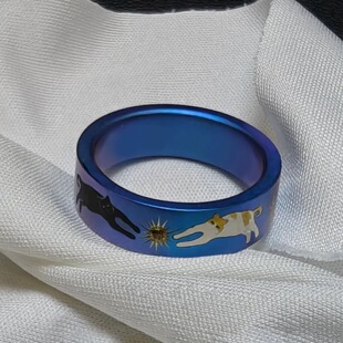 vintager中古【双猫摘星】宽面炫彩蓝戒指星芒食指戒小众设计感
