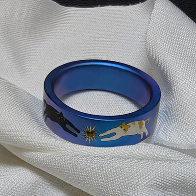 vintager中古【双猫摘星】宽面炫彩蓝戒指星芒食指戒小众设计感
