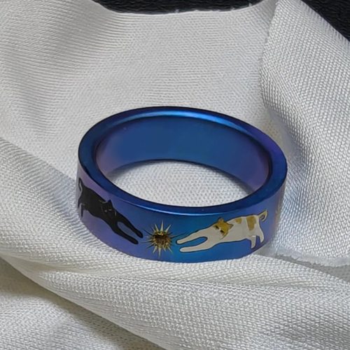 vintager中古【双猫摘星】宽面炫彩蓝戒指星芒食指戒小众设计感