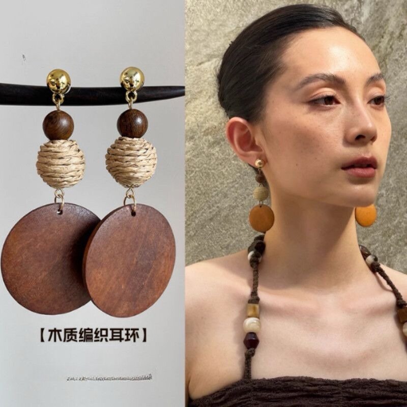 【木若春风】复古木质编织圆环耳环秋冬氛围感耳饰高级感耳坠耳钉