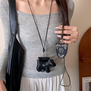 黑色小狗十字架皮革磁吸眼镜夹项链女墨镜收纳长款挂脖配饰毛衣链