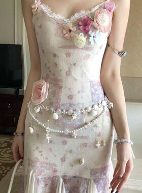 度假风多层仿贝壳串珠流苏腰链女款高颜值海边腰带裙子装饰身体链