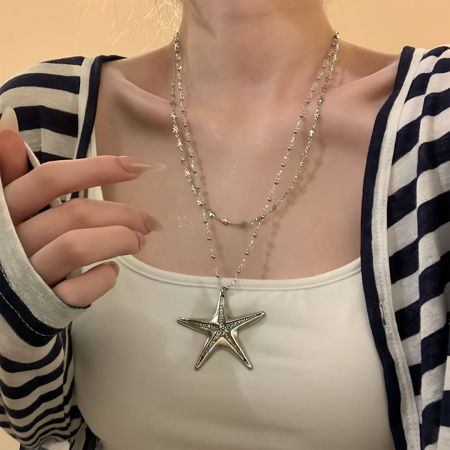 双层叠戴海星吊坠项链女轻奢高级感长款锁骨链小众度假风颈链配饰