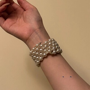 欧美新款复古珍珠闪钻宽版手镯小众设计感高级轻奢气质百搭手链女