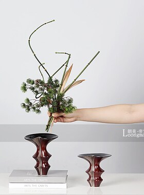 新侘寂风红色陶瓷小瓶插样板房客厅茶几艺装饰品
