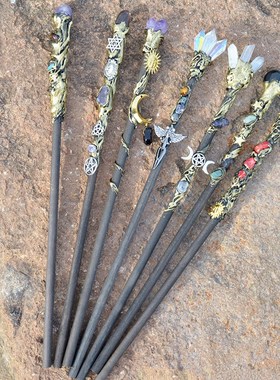 单头水晶方糖权杖紫水晶元素仙女棒月亮太阳魔法棒装饰