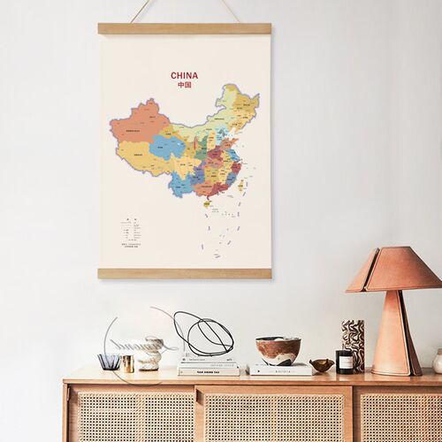 现代实木风布艺术壁挂玄关地图挂件卷轴装饰