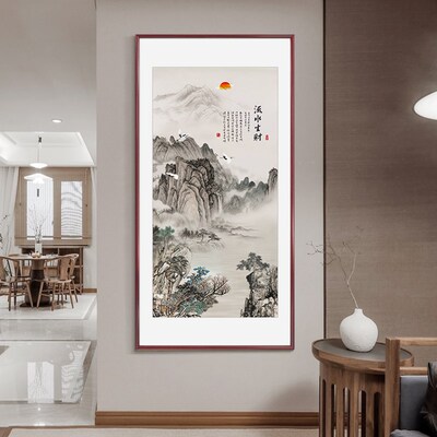 新玄关饰画竖入户进门山水画走廊过道尽壁画纳百川