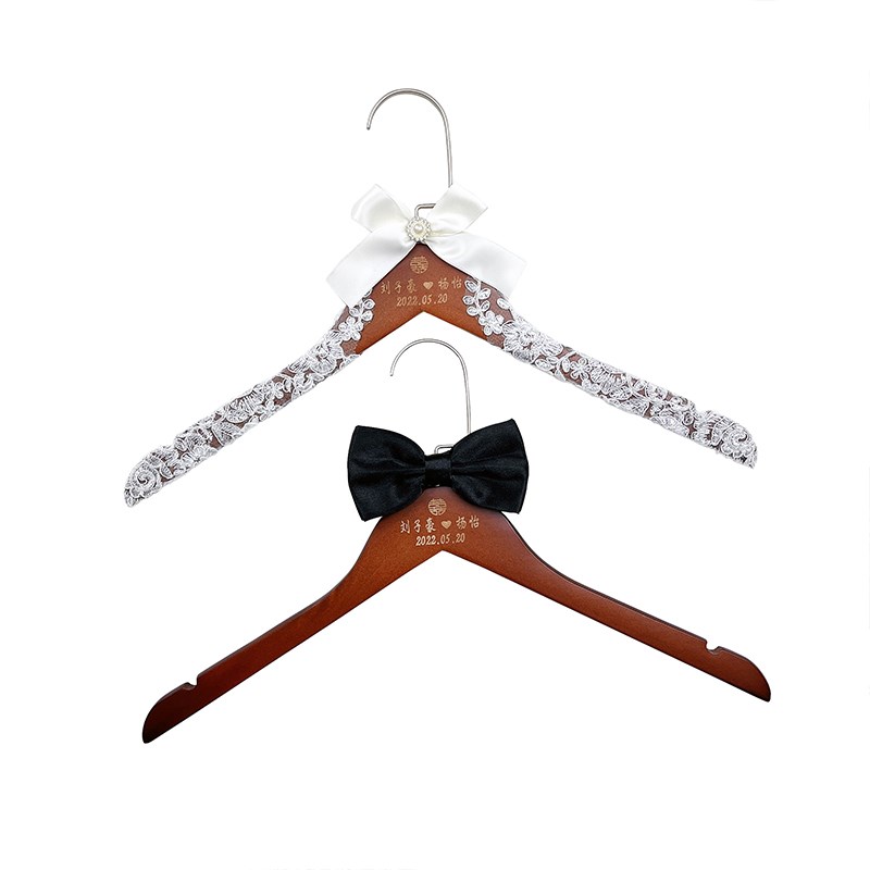 定制结婚衣架一对新娘婚纱蕾丝衣撑婚礼实木衣挂手工喜架拍摄道具