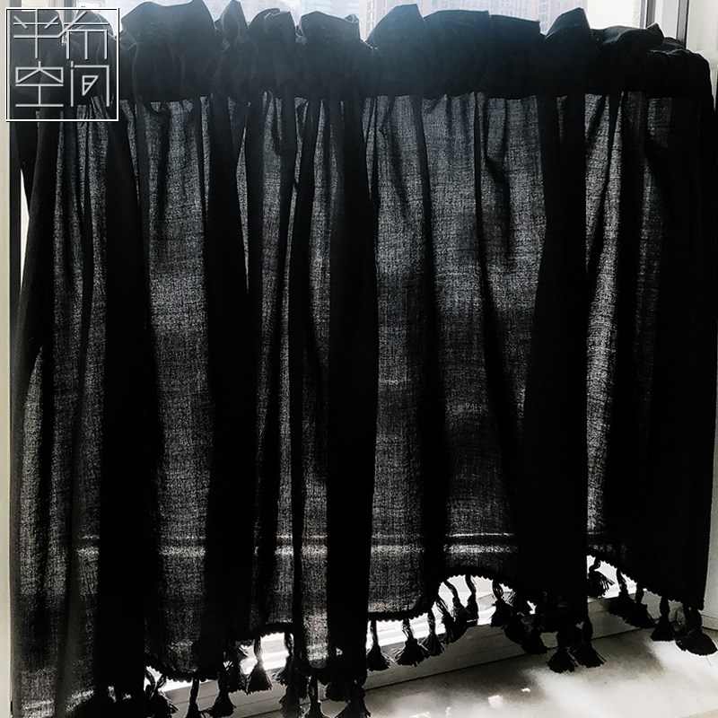 仓黑色透光不透人免打孔穿杆布艺短帘小窗帘橱柜隔断遮挡杂物帘