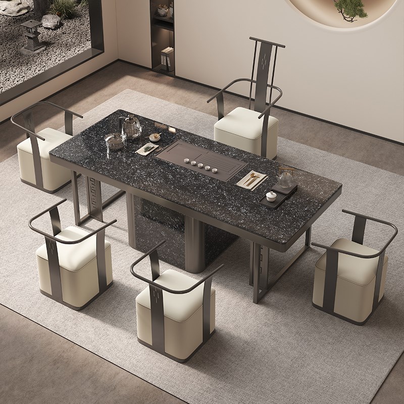 岩板茶桌椅组合轻奢现代简约高级感办公室功夫茶台一桌五椅泡茶桌