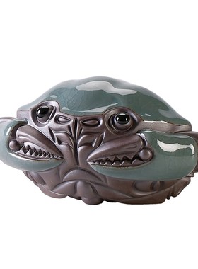 创意仿真螃蟹哥窑开片茶宠茶玩陶瓷摆件工艺品招财可养茶桌装饰品