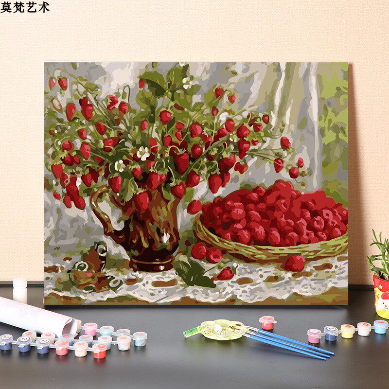 油画手工填色画 亚麻布丙烯颜料现代风格 草莓果篮填色手绘