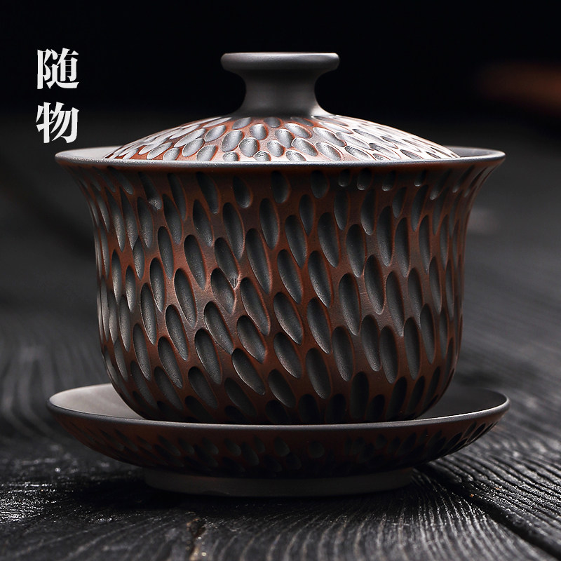 建水紫陶盖碗茶杯烫手大号泡茶碗才功夫茶具单带盖